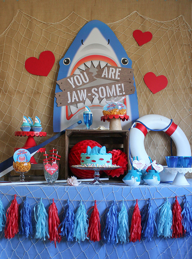 You Are Jaw-some Valentine's Day Party, Jaw-some, Valentines party, kids valentine's day party, kids valentines party, shark party, valentine's day, oriental trading, partnership, fin-tastic, free printables, party ideas, party inspiration, valentine's day shark party, valentines shark party, Just Add Confetti