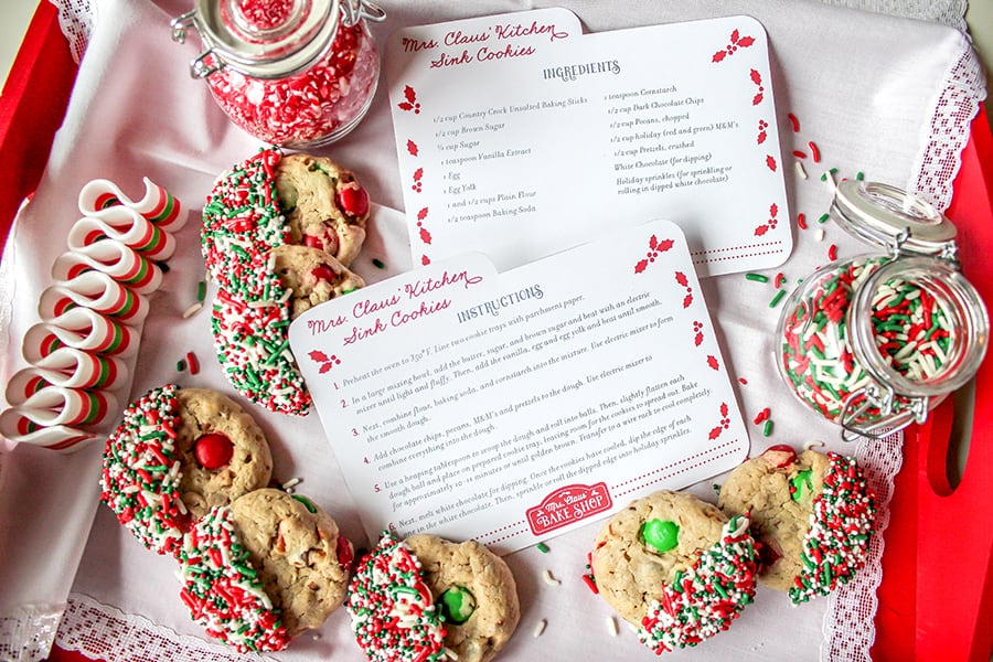 Mrs. Claus' Bake Shop Cookie Exchange Party, Cookie Exchange Party, Mrs. Claus, Mrs. Claus' Bake Shop, North Pole, bake shop, Christmas, Christmas cookies, cookie party, cookies, Just Add Confetti, free printables, Just Add Confetti printables, cookie exchange, Country Crock, partnership, Pittsburgh blogger, party blogger, Mrs. Claus' Kitchen Sink Cookies, Kitchen Sink Cookies, baked with love, baking spirits bright, cookies baked fresh daily, gingerbread house, milk and cookies served nightly, bake shop cookie exchange, Christmas party, Holiday party