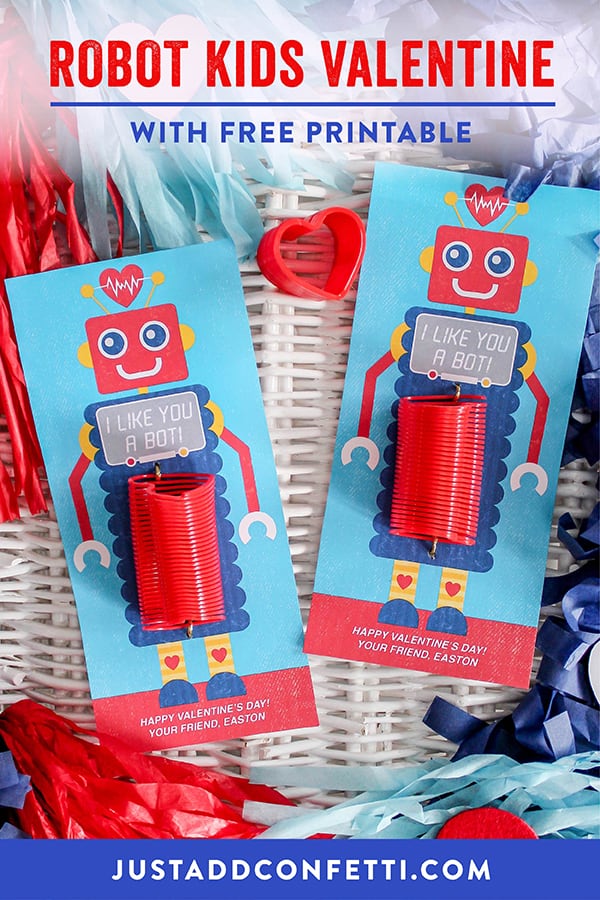 Robot Kids Valentine, Robot Kids Valentine with spring toy, slinky valentine, robot with slinky valentine, I like you a bot, robot, kids valentine, valentine, free printable, Just Add Confetti, slinky, spring toy, Dollar Tree